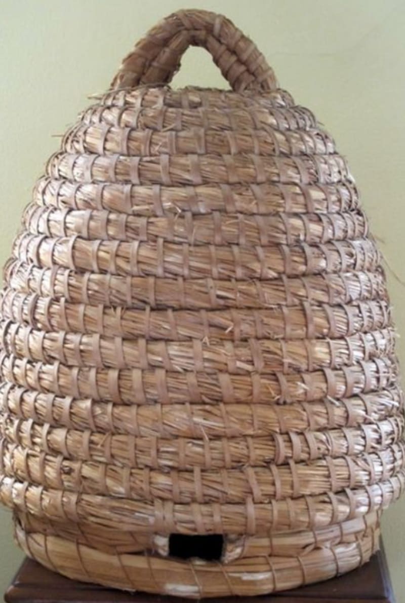 A skep for keeping bees: photo from Mr.Homegrown, root simple.com, 'How to make a bee skep'