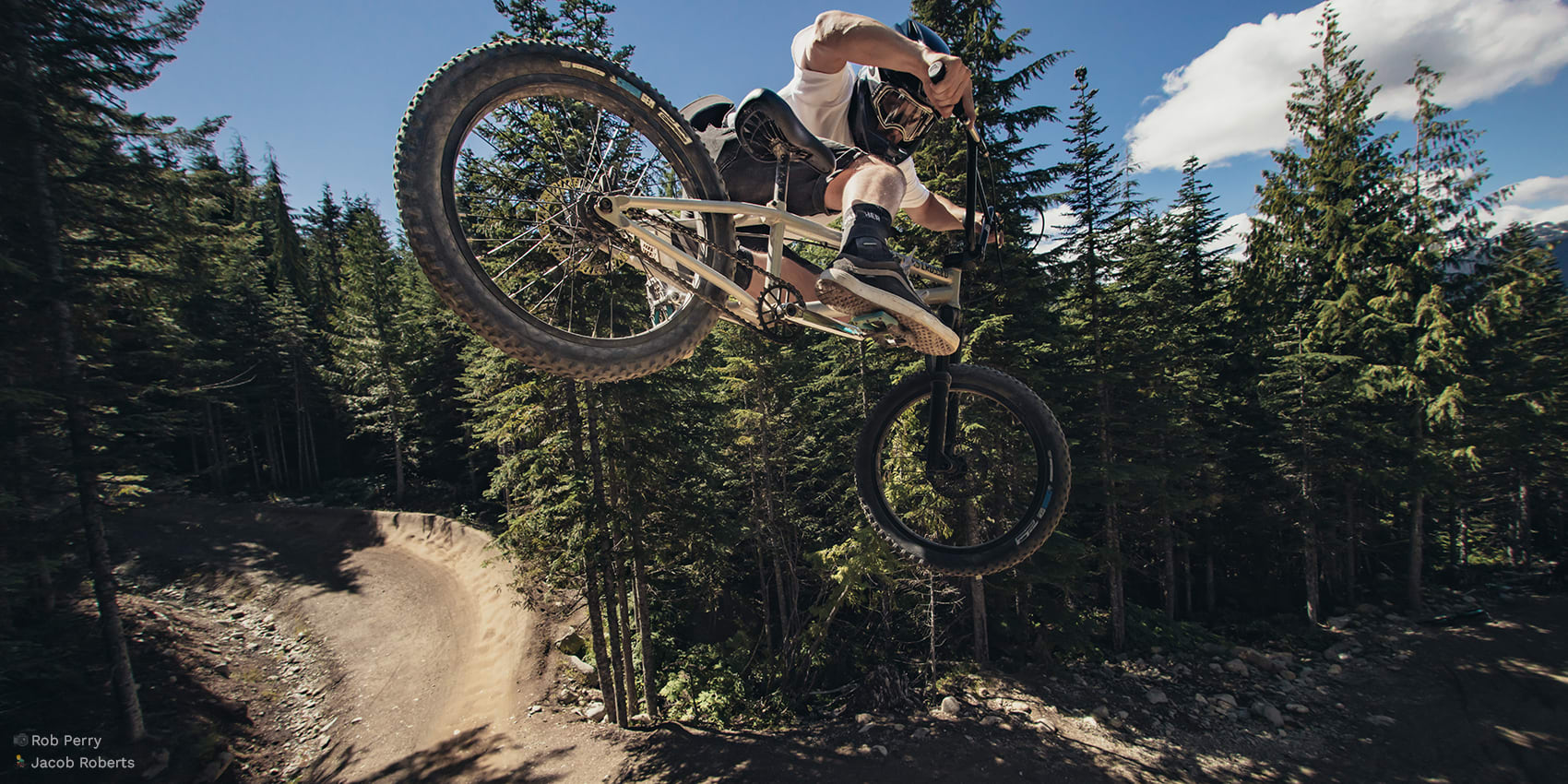 Jacob Roberts ridng his bmx on Dirt Merchant in the Whistler Bike Park. Pic by Rob Perry.