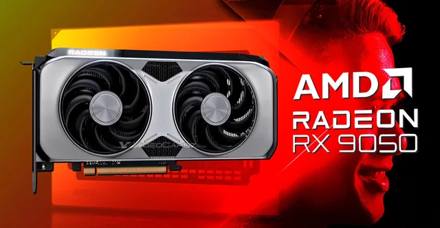 Placa de vídeo AMD Radeon RX 9050 sobre fundo escuro