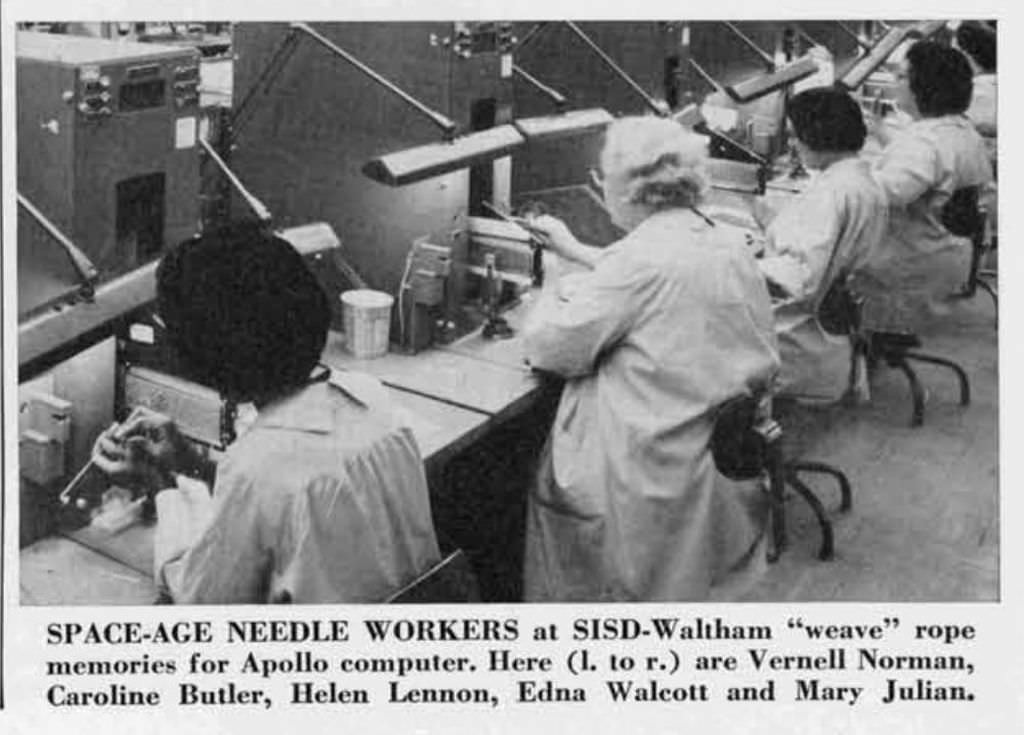 Fotografia antigua. Mujeres tejiendo la memoria para la computadora del Apollo. Sus nombres son Vernell Norman, Caroline Butler, Helen Lennon, Edna Walcott y Mary Julian.
