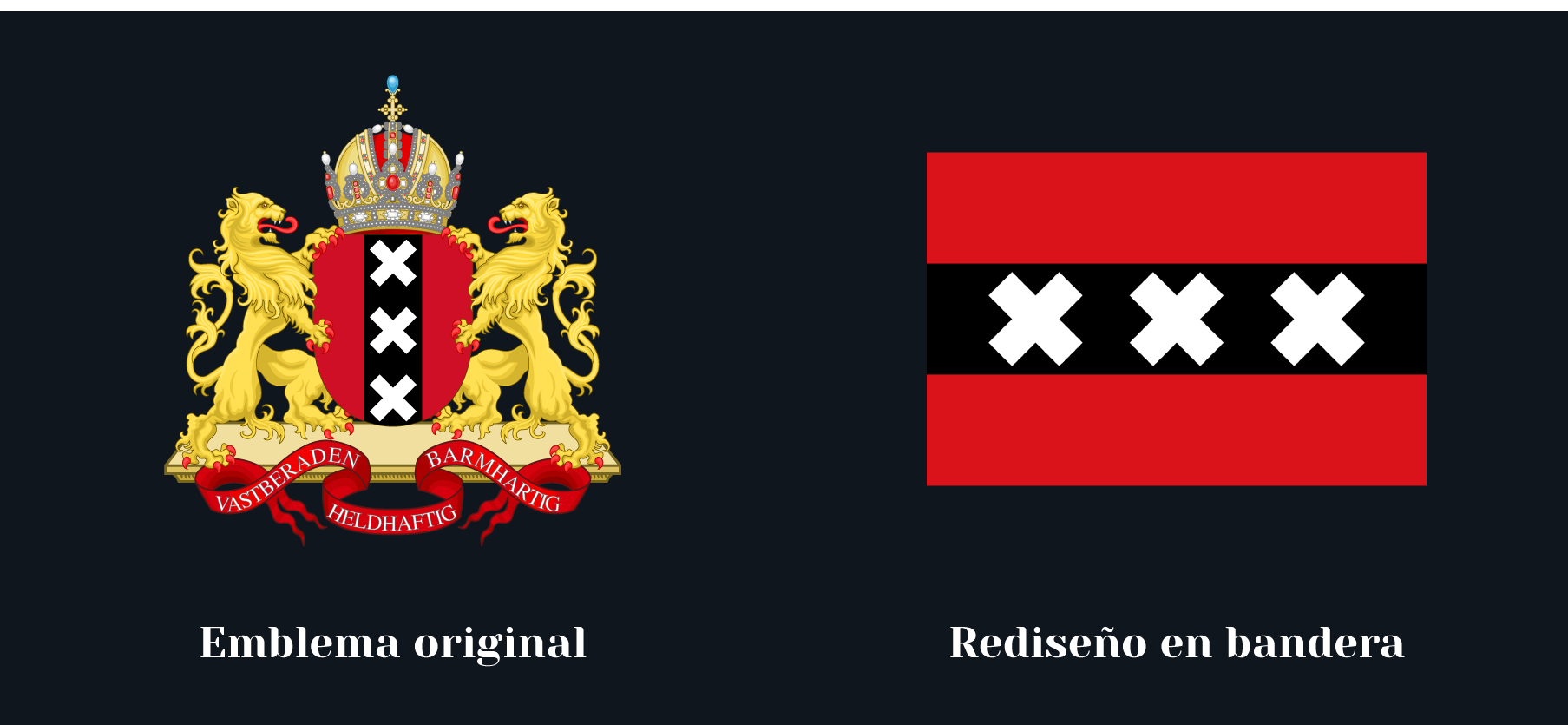 Se comparan el Escudo de Amsterdam y el rediseño de la Bandera. Solo se repiten 3 cruces blancas.