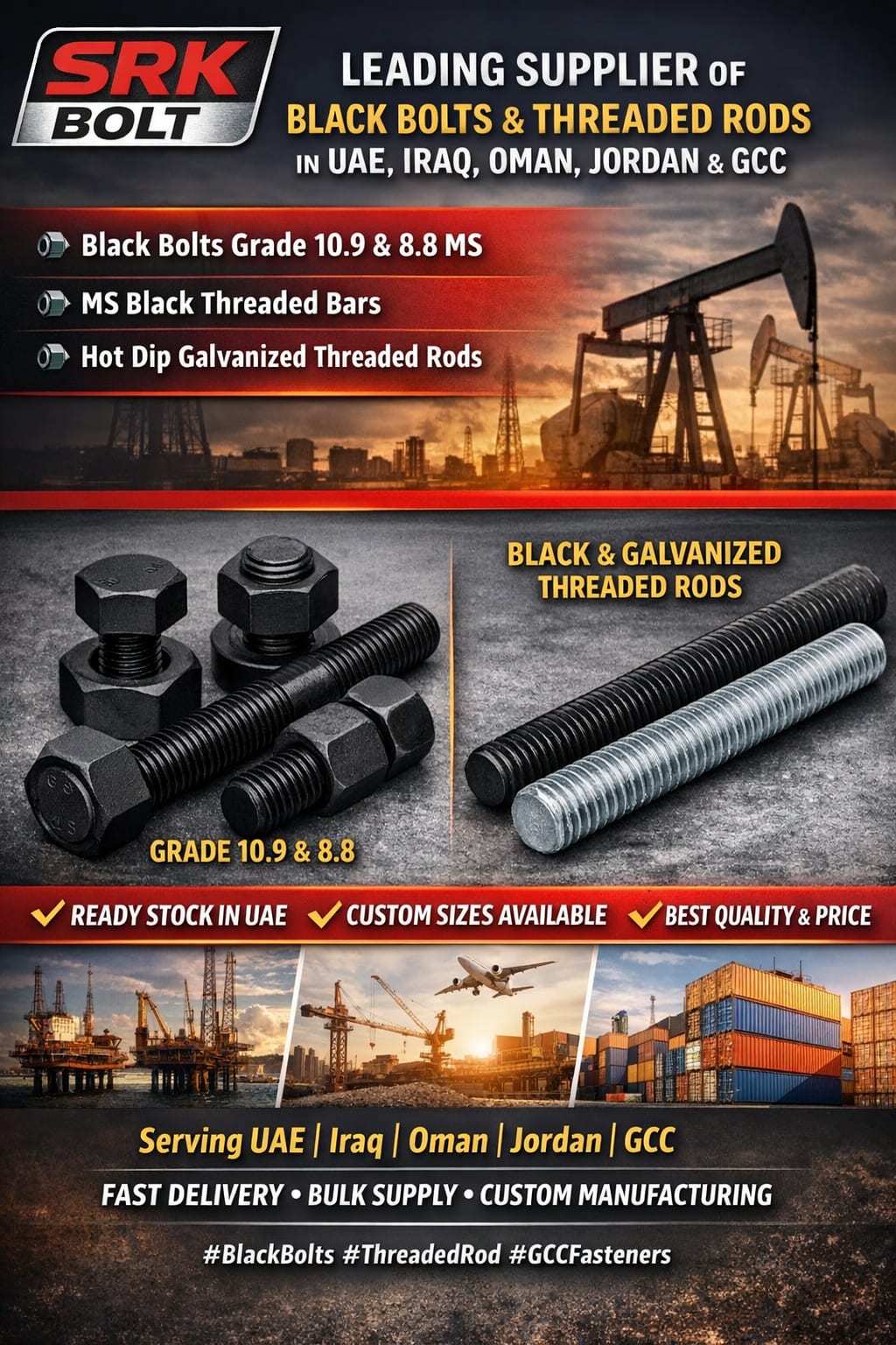 High Tensile Black Bolts Grade 10.9 & 8.8 | MS Black Threaded Bars & Hot-Dip Galvanized Threaded Rods – SRK Bolts UAE - Kuwait