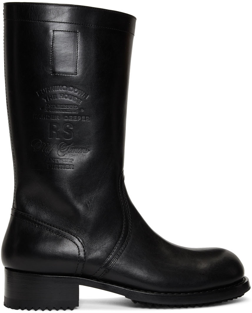 Raf Simons Boots Black Embossed Logo Biker Boots