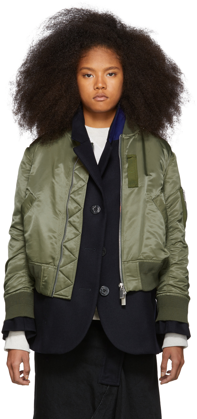Sacai Jackets Navy & Green Melton MA-1 Jacket