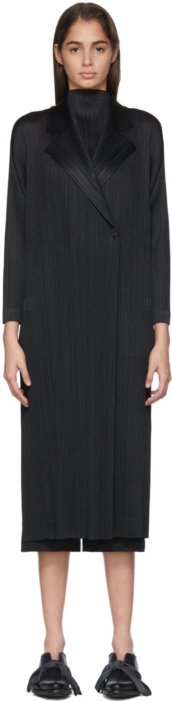 Pleats Please Issey Miyake Coats Black Pleated Mannish Coat