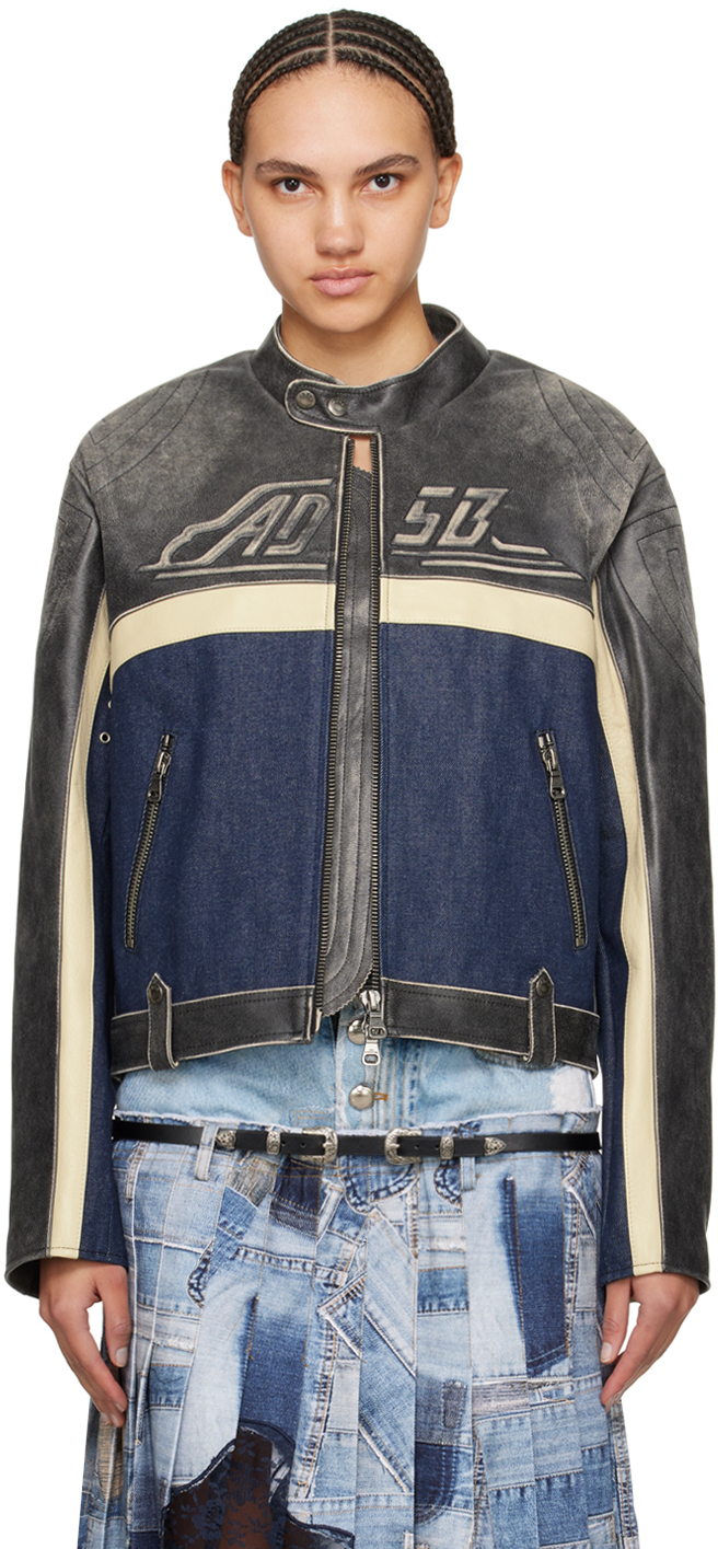 Gray & Blue Racing Leather Jacket – On Sale Now with Up to