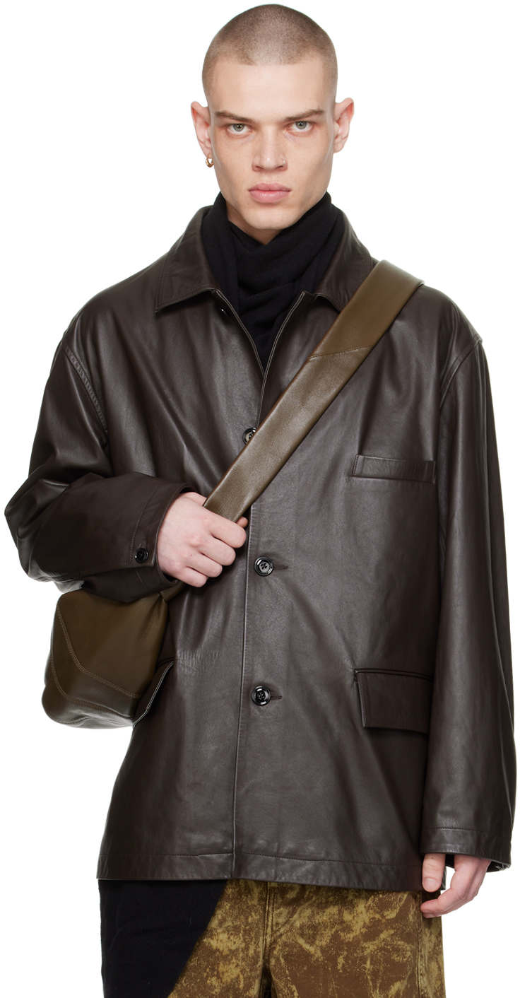 Lemaire Brown Spread Collar Leather Jacket - Jackets