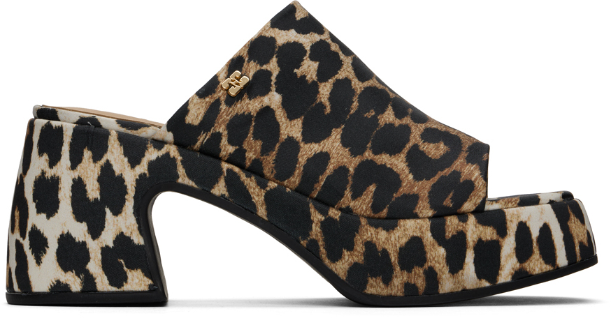 Ganni Brown & Black Leopard Butterfly Platform Satin Heeled