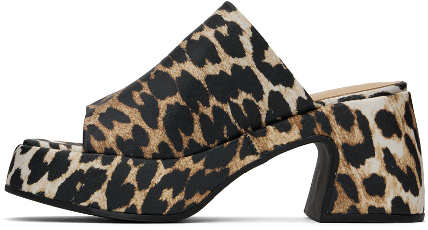 Ganni Brown & Black Leopard Butterfly Platform Satin Heeled