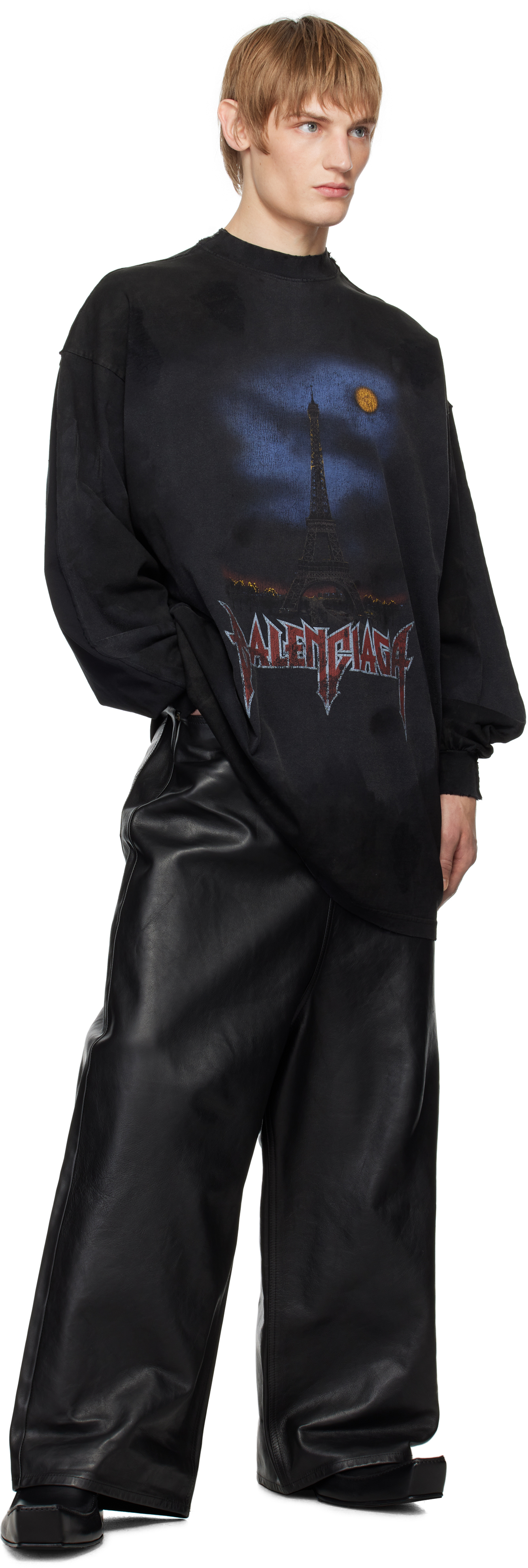 BALENCIAGA PARIS MOON DOUBLE FRONT Tシャツ ブラック Balenciaga Paris Moon Double Front Long Sleeve Oversized T