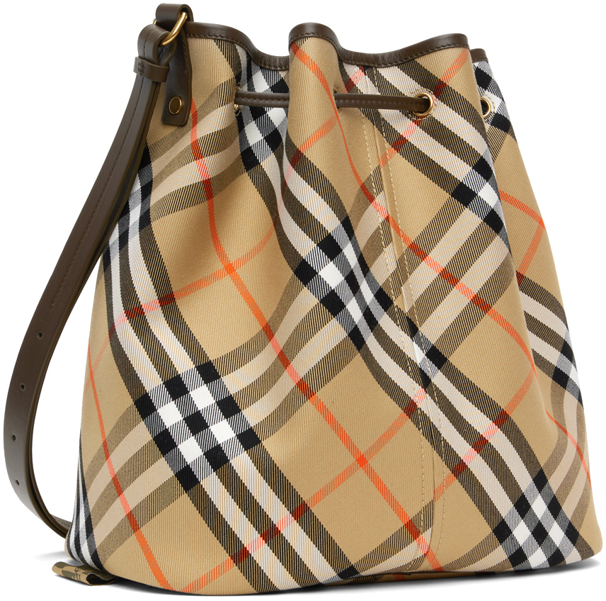 Burberry Beige Jacquard Check Drawstring Bucket Bag