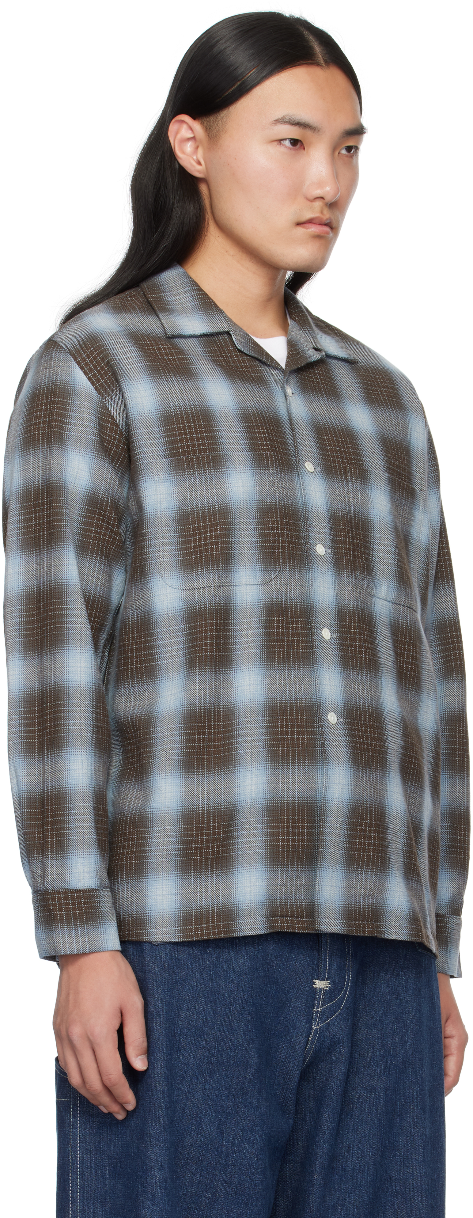 Shop Brown & Blue Open Collar Indigo Ombre Plaid Shirt on Sale at