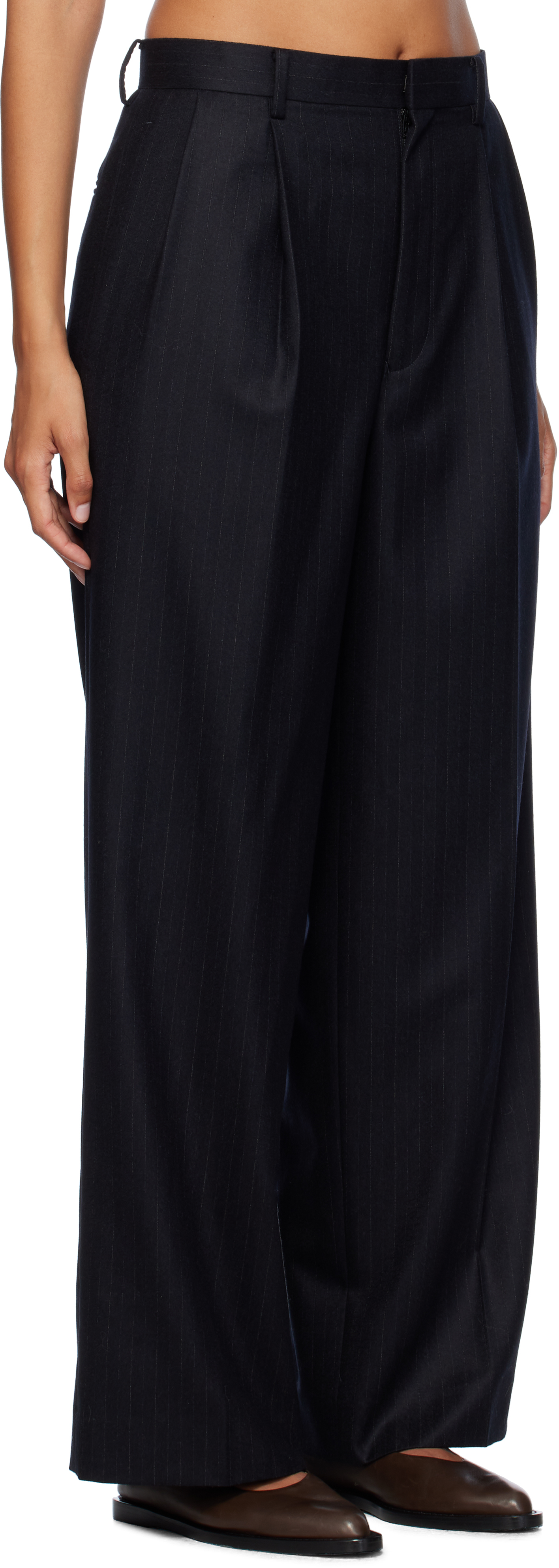 AURALEE Navy Wool Fulling Flannel Stripe Trousers - Leggings