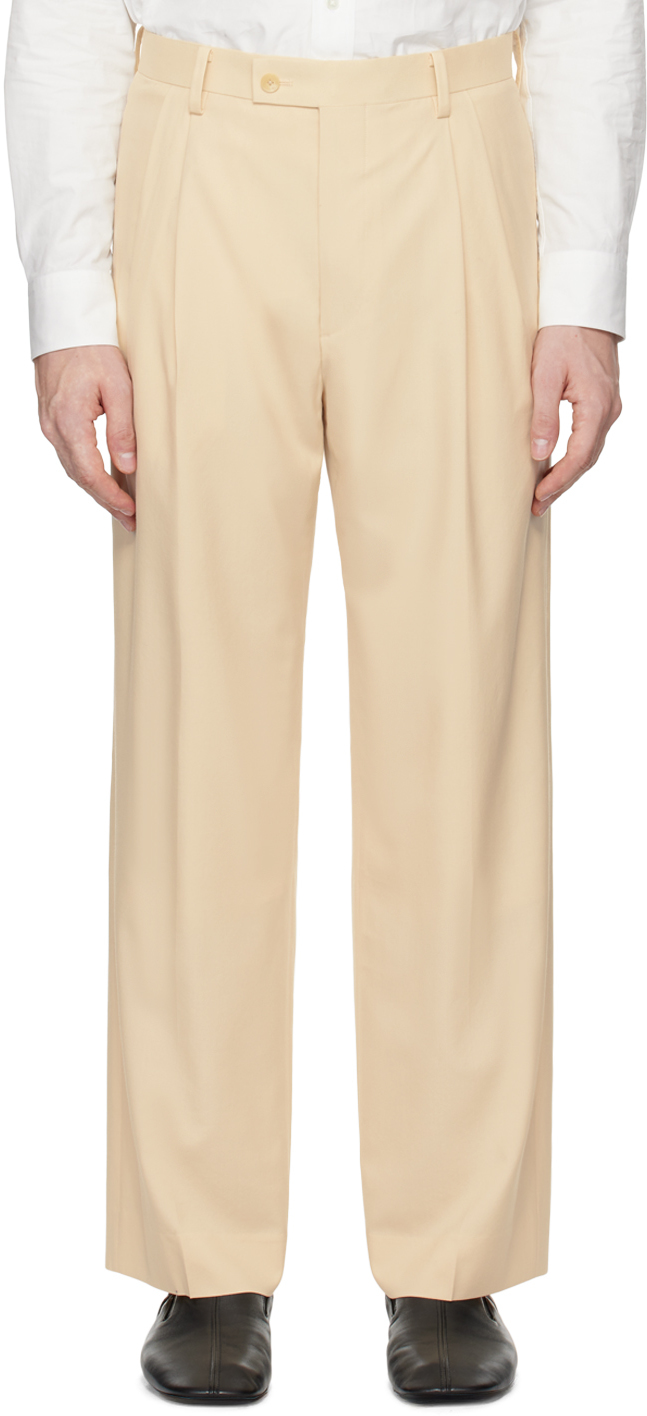 Shop Beige Super Fine Tropical Wool Trousers on Sale at