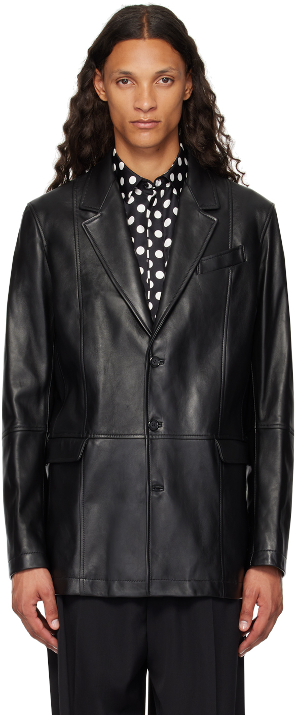 Black Notched Lapel Leather Jacket – On Sale Now with Up to