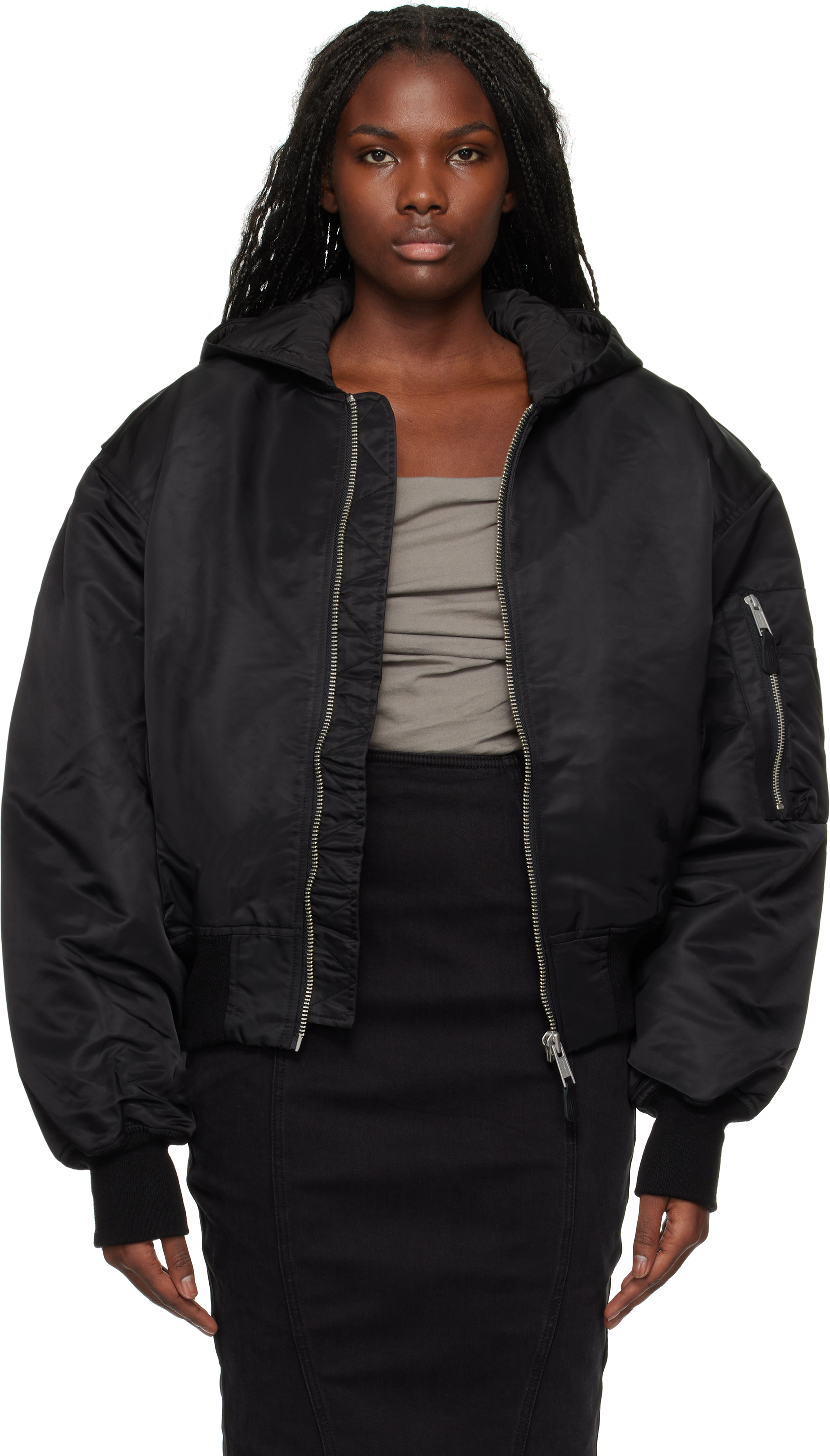 Shop Black Hooded Broad Bomber Jacket on Sale at BeyondStyle