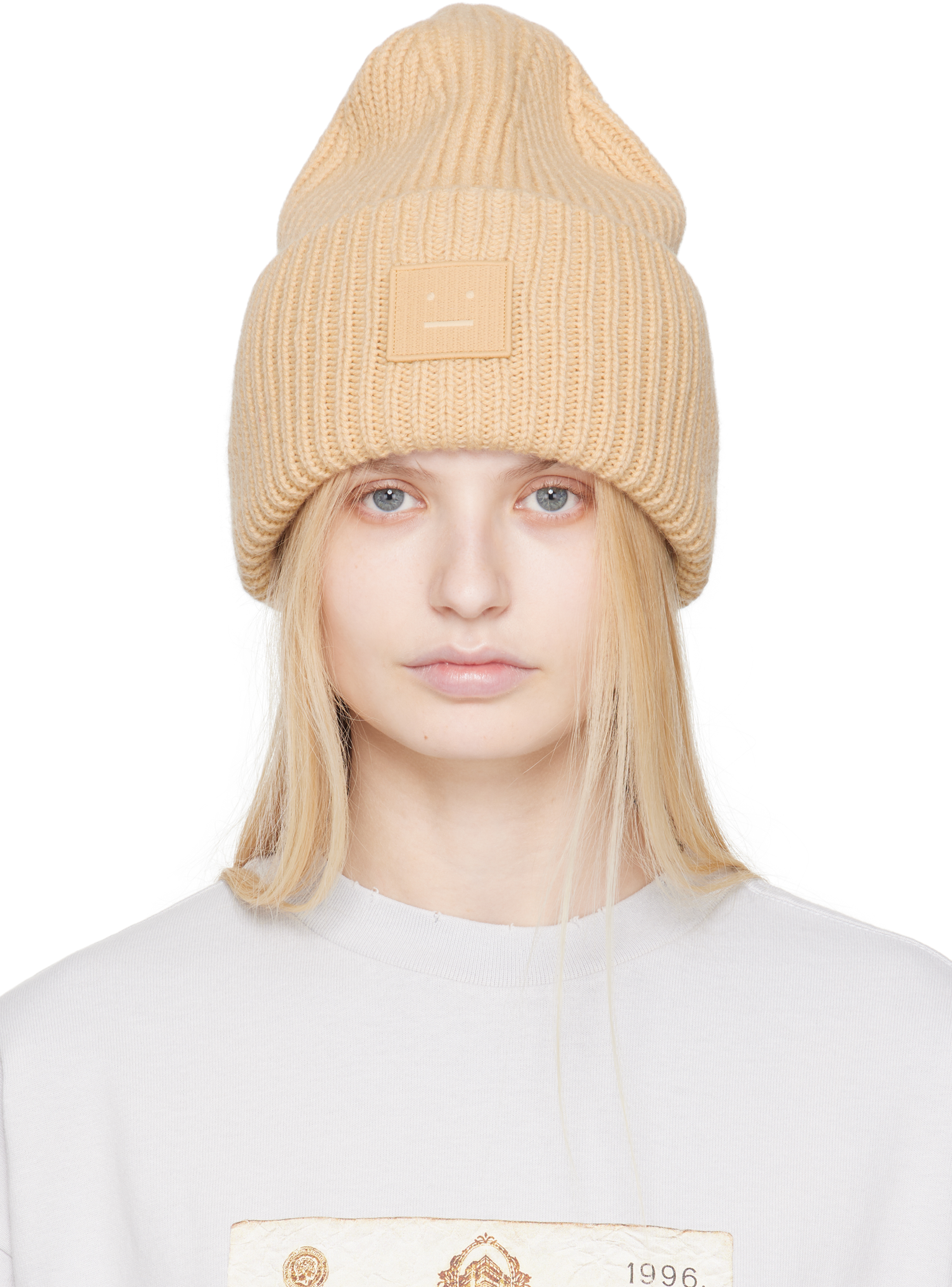 Acne Studios Beige Large Face Logo Beanie - Hats - BeyondStyle