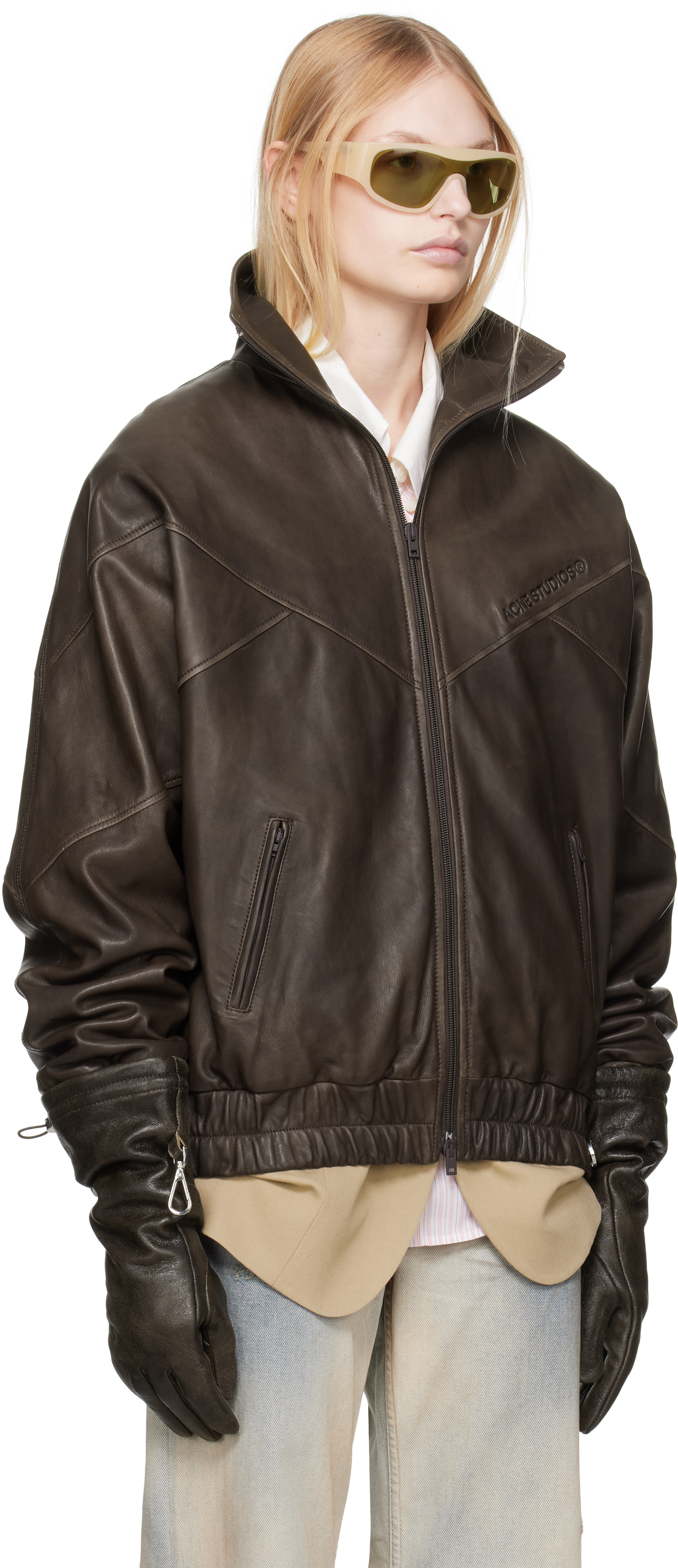ジャケット・アウター acne studios leather bomber jacket brown Acne Studios - Leather bomber jacket - Cognac brown