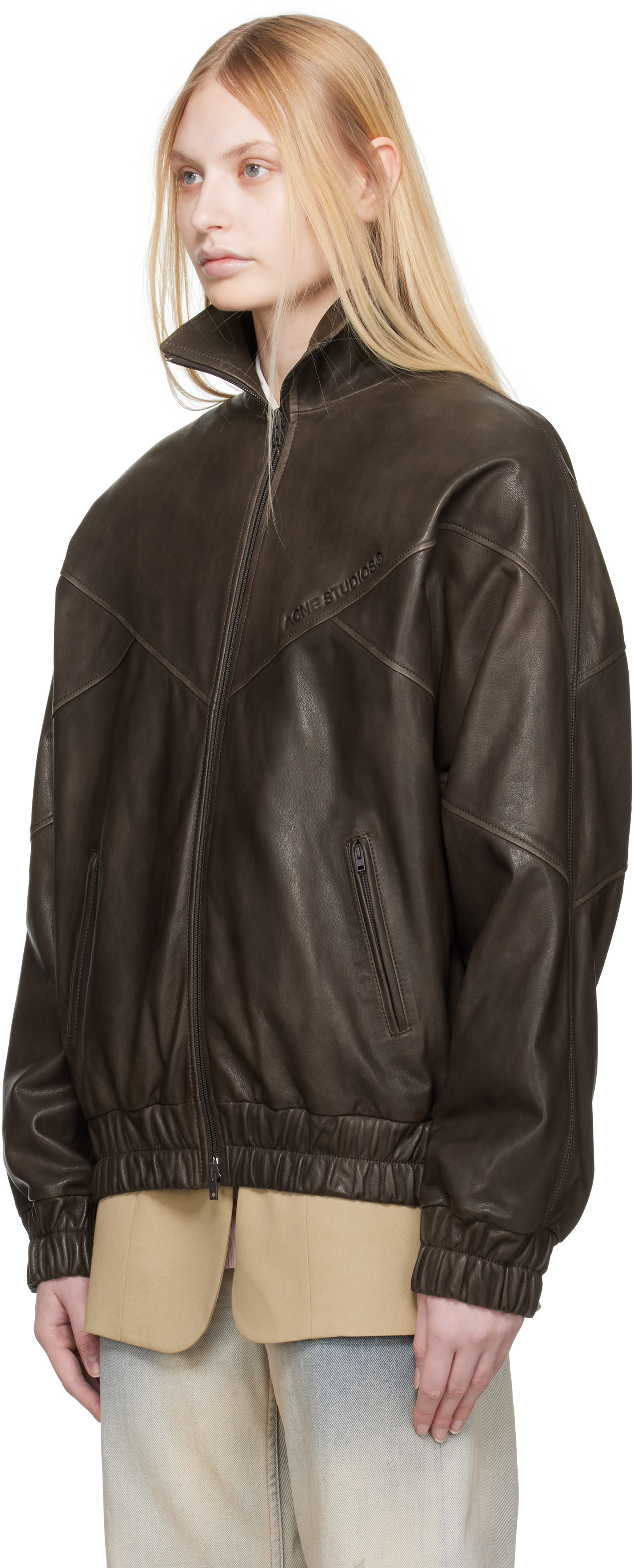 Brown Embossed Logo Leather Jacket – On Sale Now with Up to