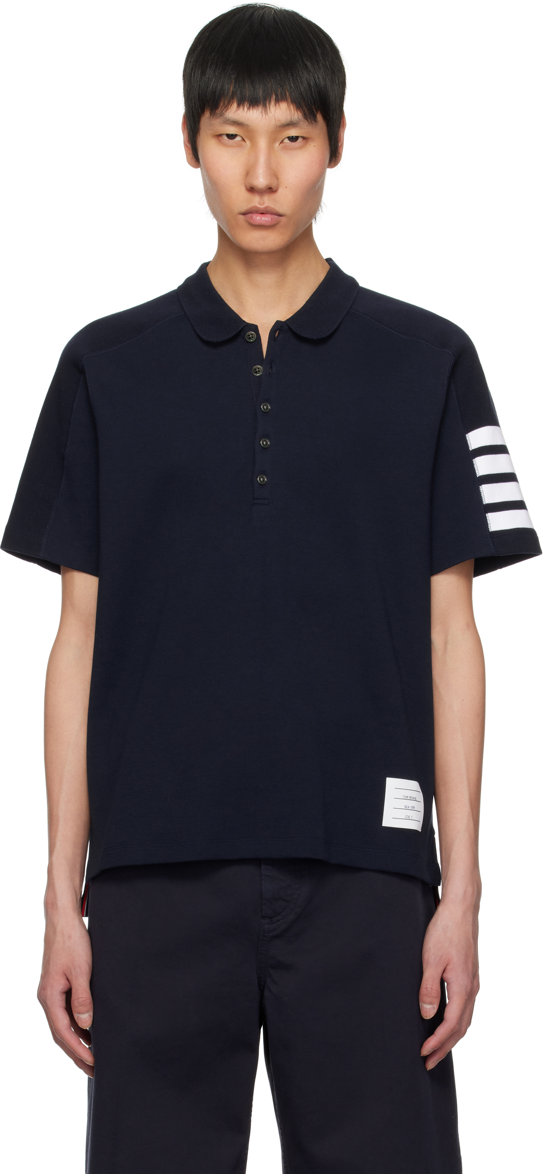Thom Browne Navy Cotton 4-Bar Short Sleeve Polo - Polo