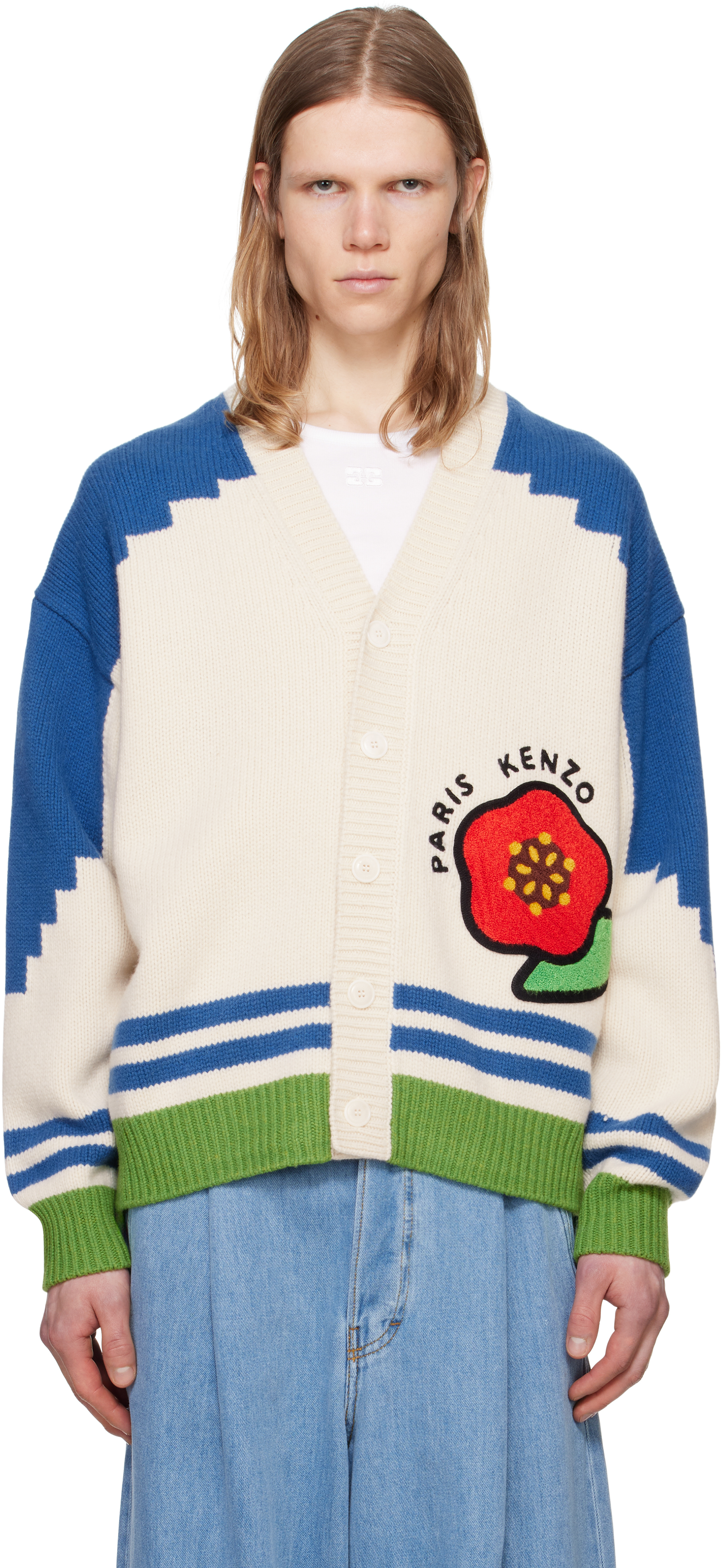 Kenzo Off-White & Blue Kenzo Paris 'KENZO Pop' Cardigan - Sweaters