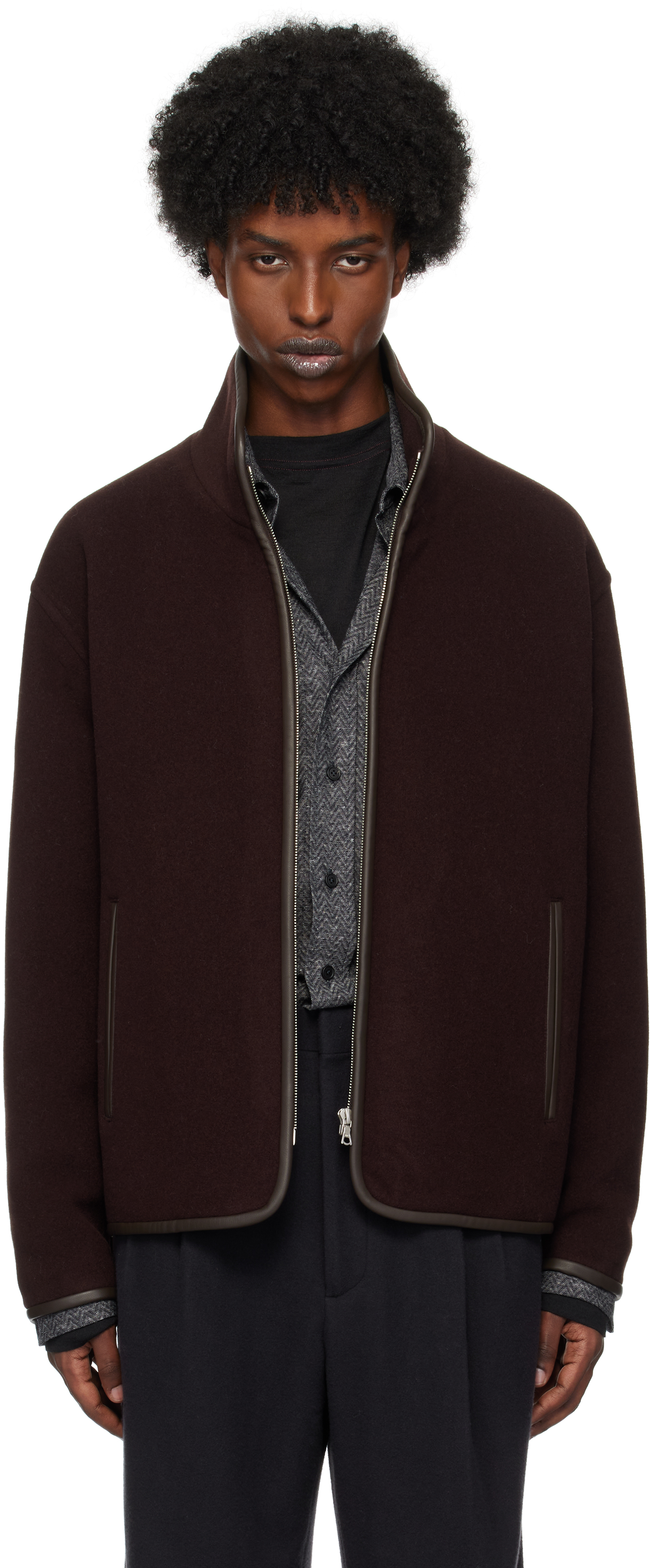 Shop Brown Double Cloth Heavy Pile Zip Jacket on Sale at