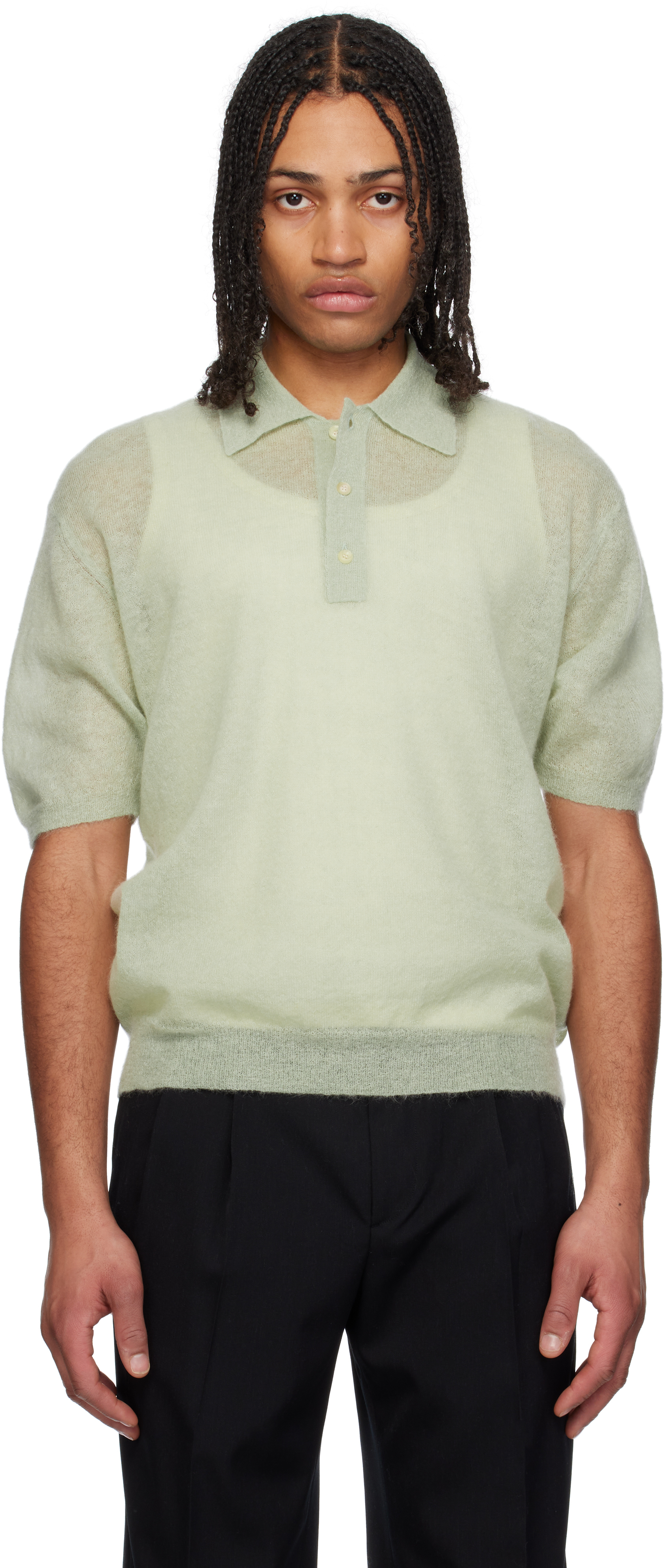 トップス AURALEE 25SS KID MOHAIR SHEER KNIT POLO AURALEE Green Kid Mohair Sheer Knit Polo - BeyondStyle