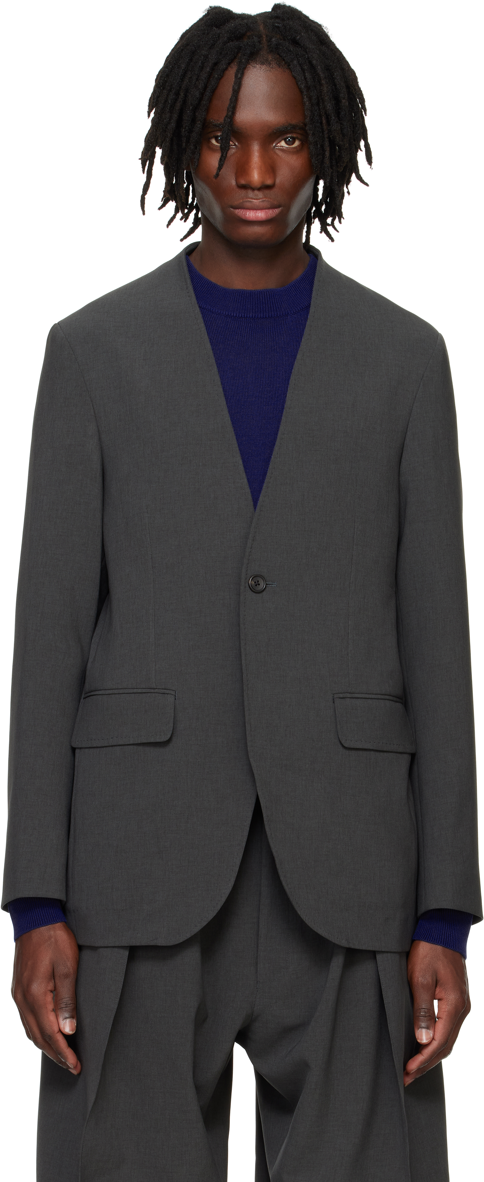 【RAINMAKER】DETACHABLE COLLAR COAT RAINMAKER KYOTO Gray Double Cloth No Collar Blazer - Suits