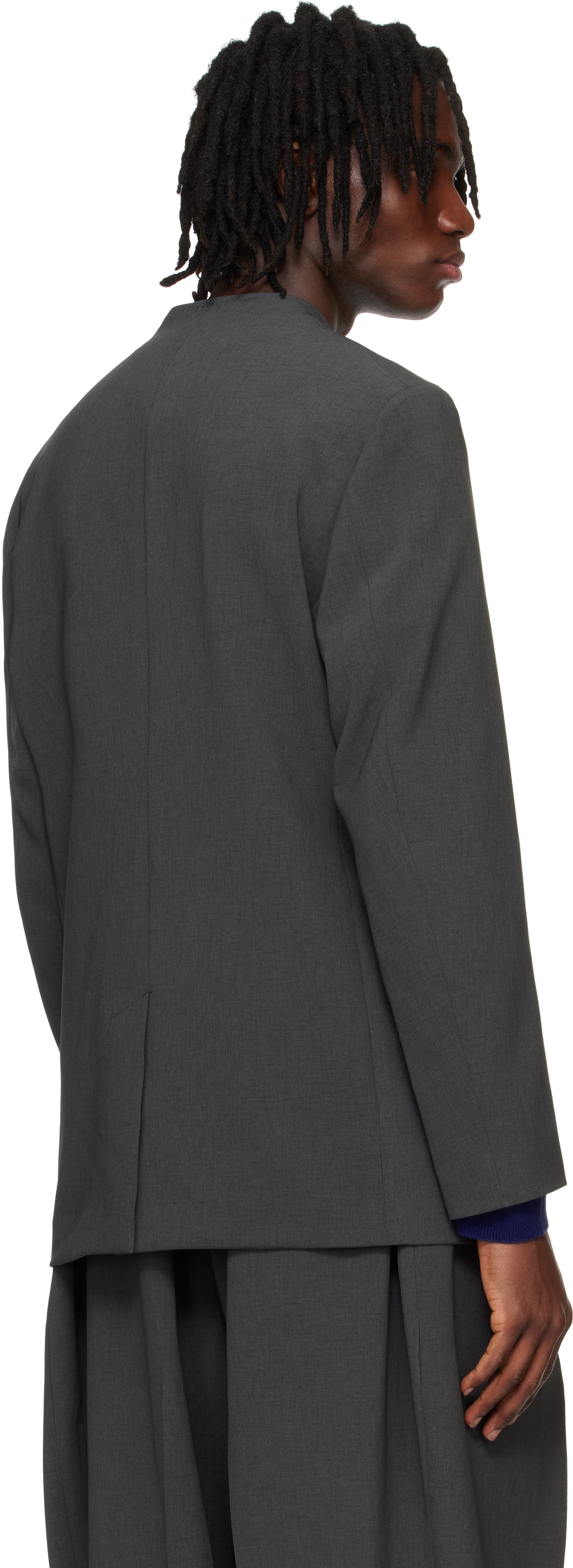 Gray Double Cloth No Collar Blazer – On Sale Now with Up to
