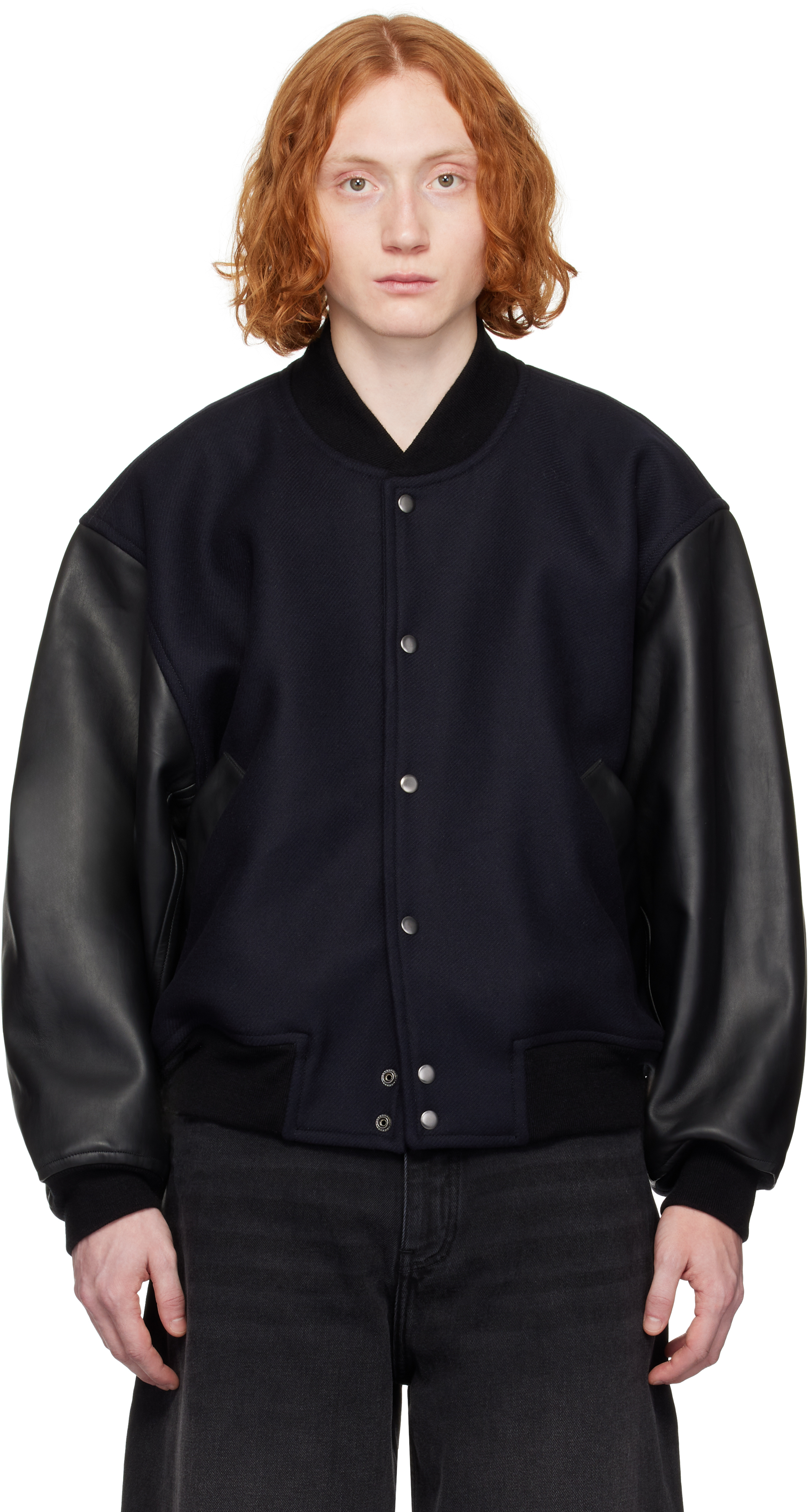 ジャケット・アウター STUDIO NICHOLSON LEATHER BOMBER JACKET Navy & Black Alph Leather Bomber Jacket – On Sale Now with