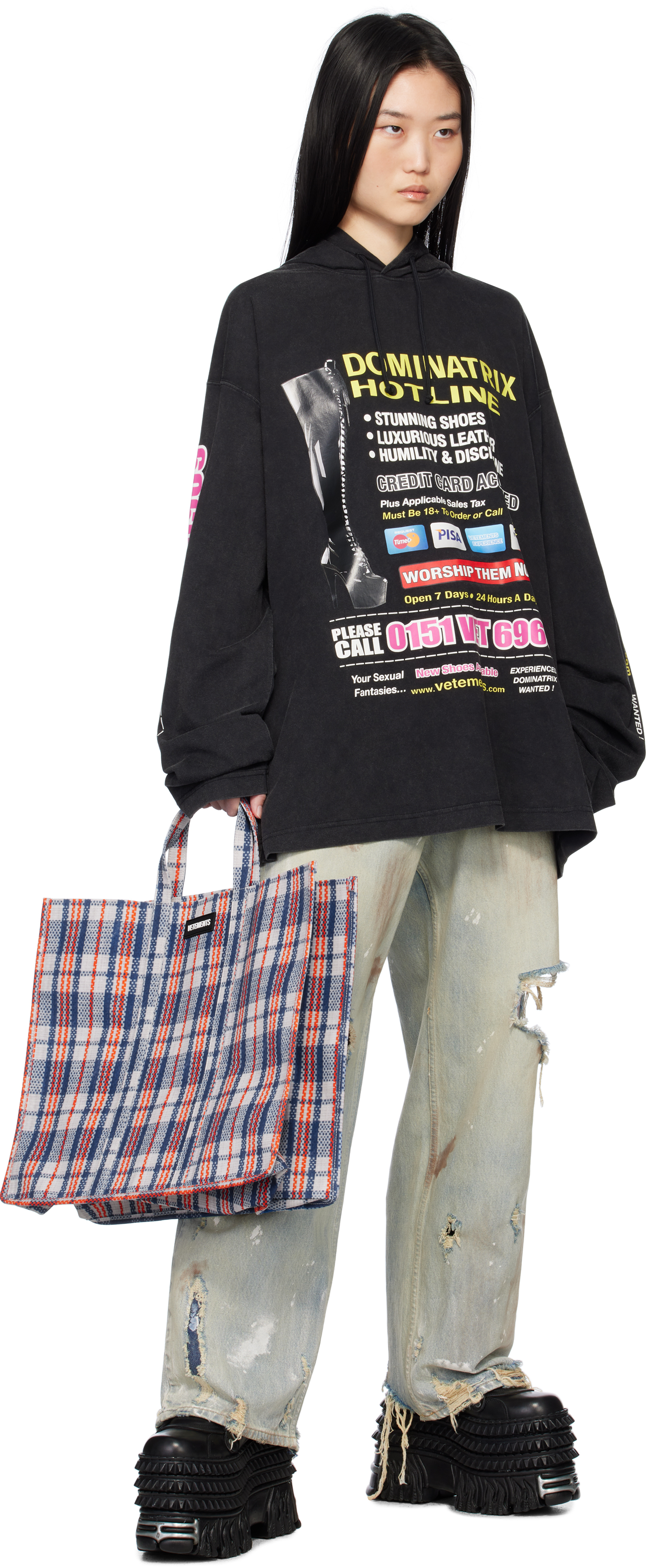 VETEMENTS♡ Dominatrix Hotline ジャージ フーディ VETEMENTS】ブラック Dominatrix Hotline ジャージ フーディ