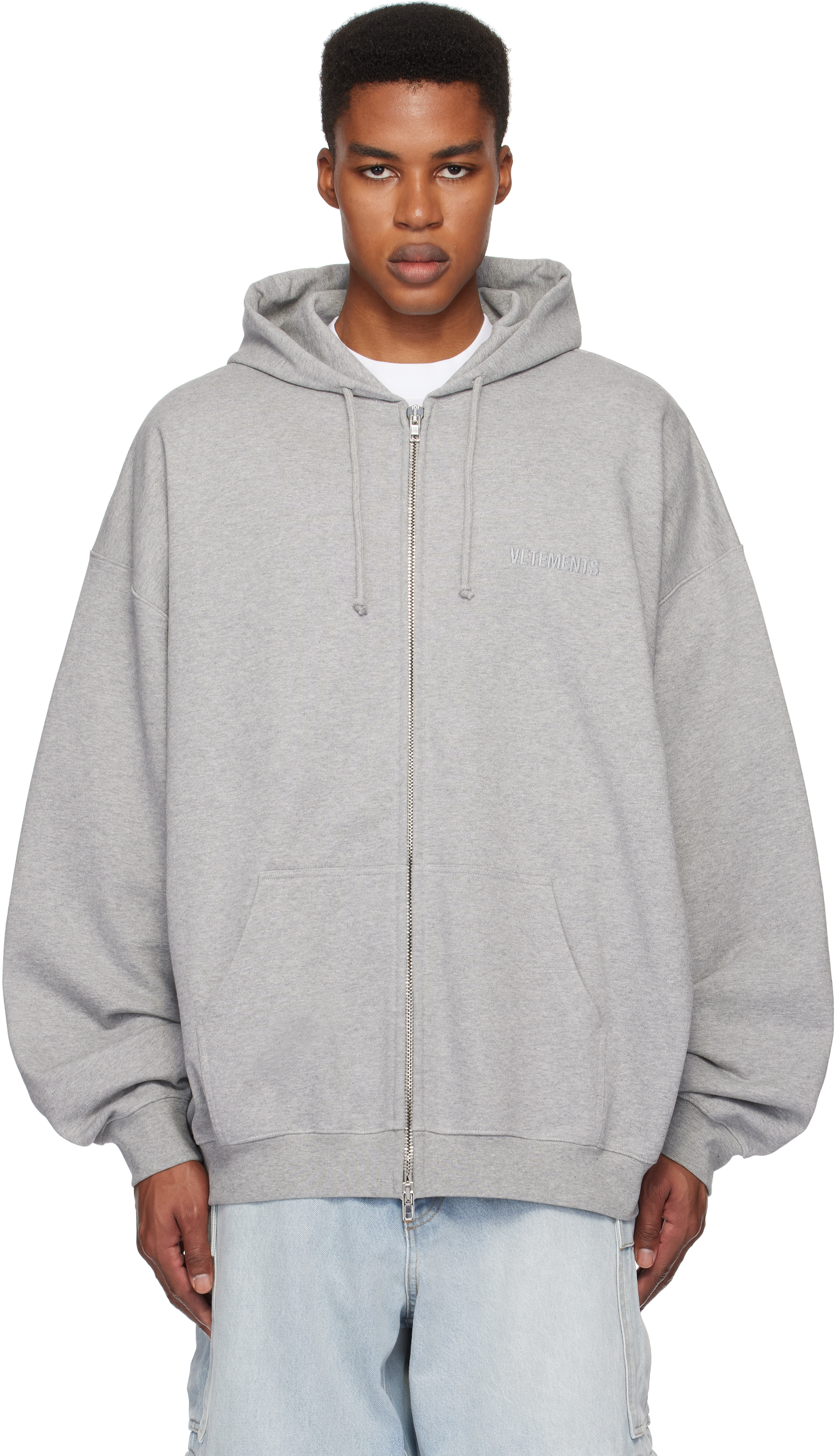 Shop Gray Embroidered Logo Oversized Zip-Up Hoodie on Sale