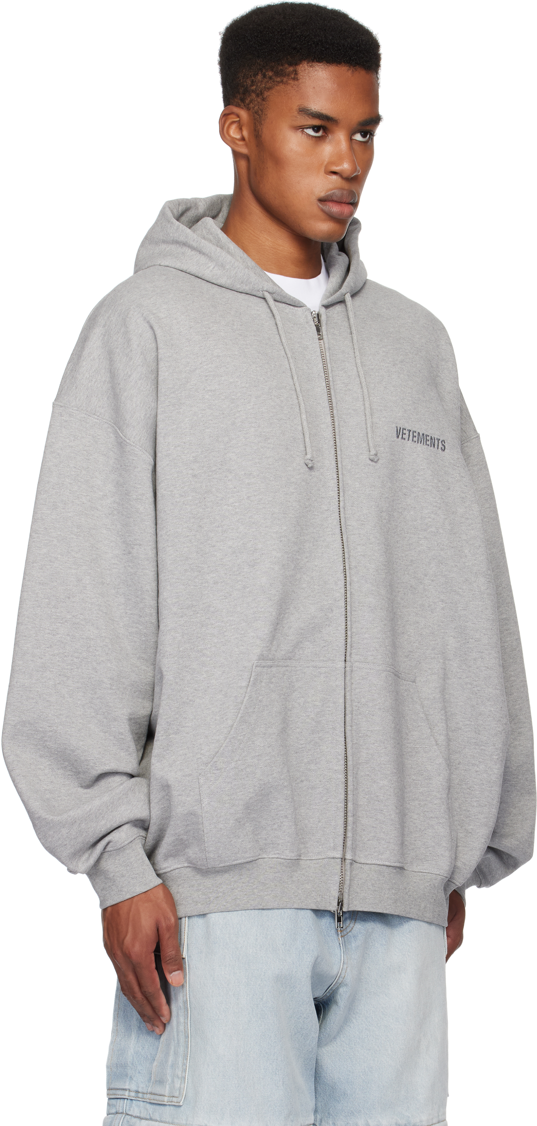 Shop Gray Embroidered Logo Oversized Zip-Up Hoodie on Sale