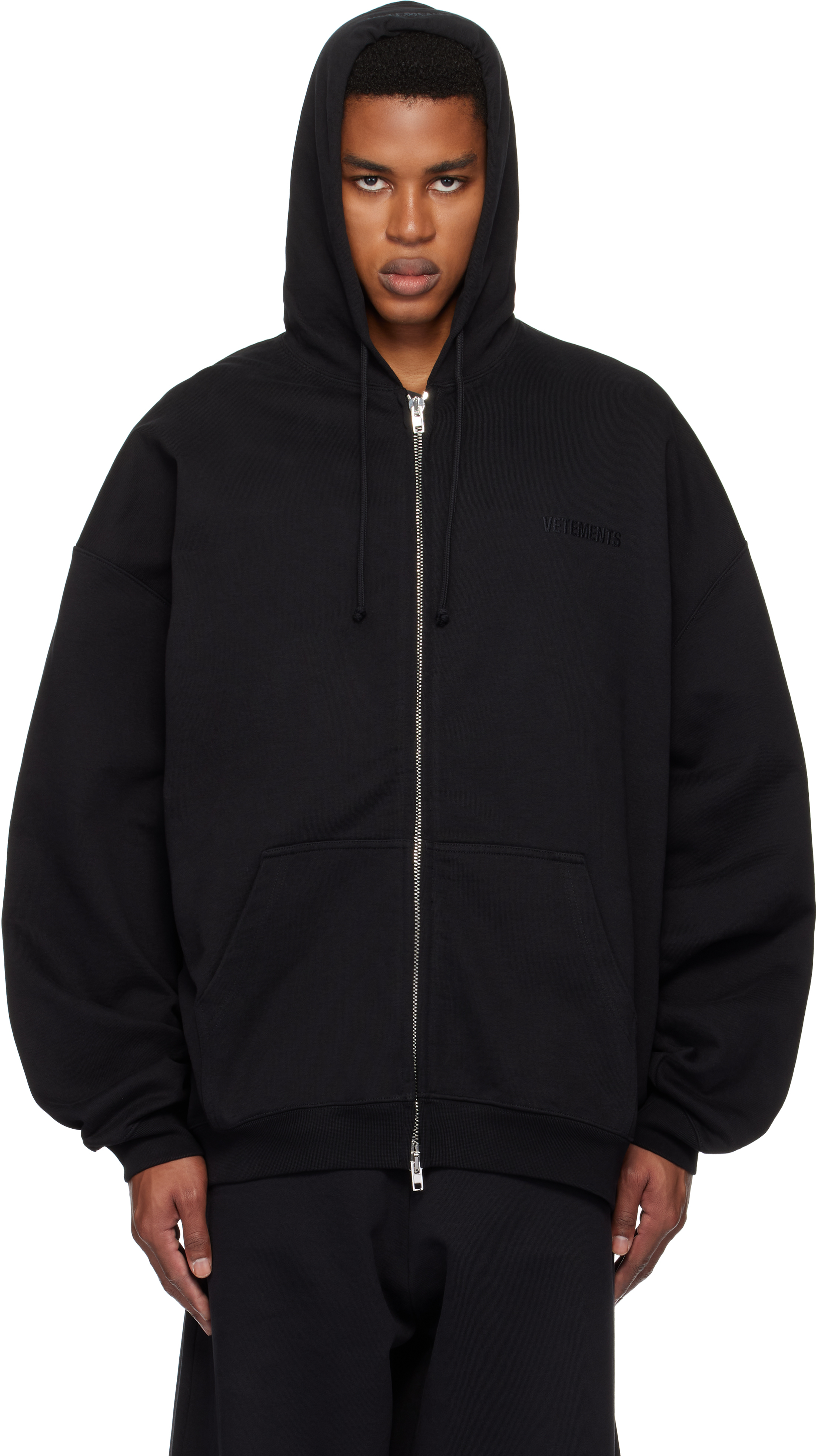 Black Embroidered Logo Oversized Zip-Up Hoodie – On Sale Now