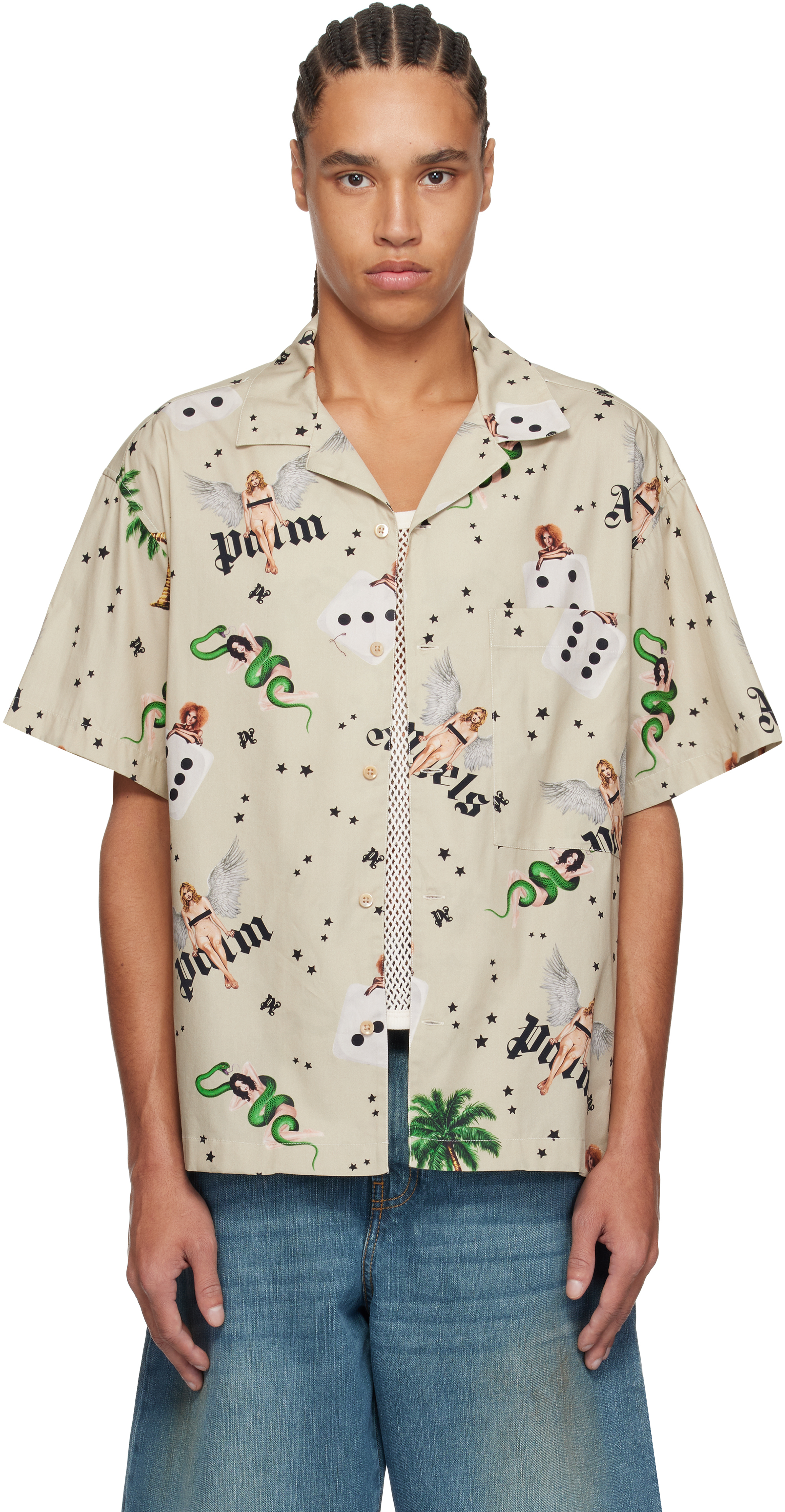 Tシャツ・カットソー Palm Angels PIN UP BOWLING SHIRT SS (PMGG00AS25FAB005 0B84) PIN UP BOWLING SHIRT SS IVORY - MULTICOL in IVORY