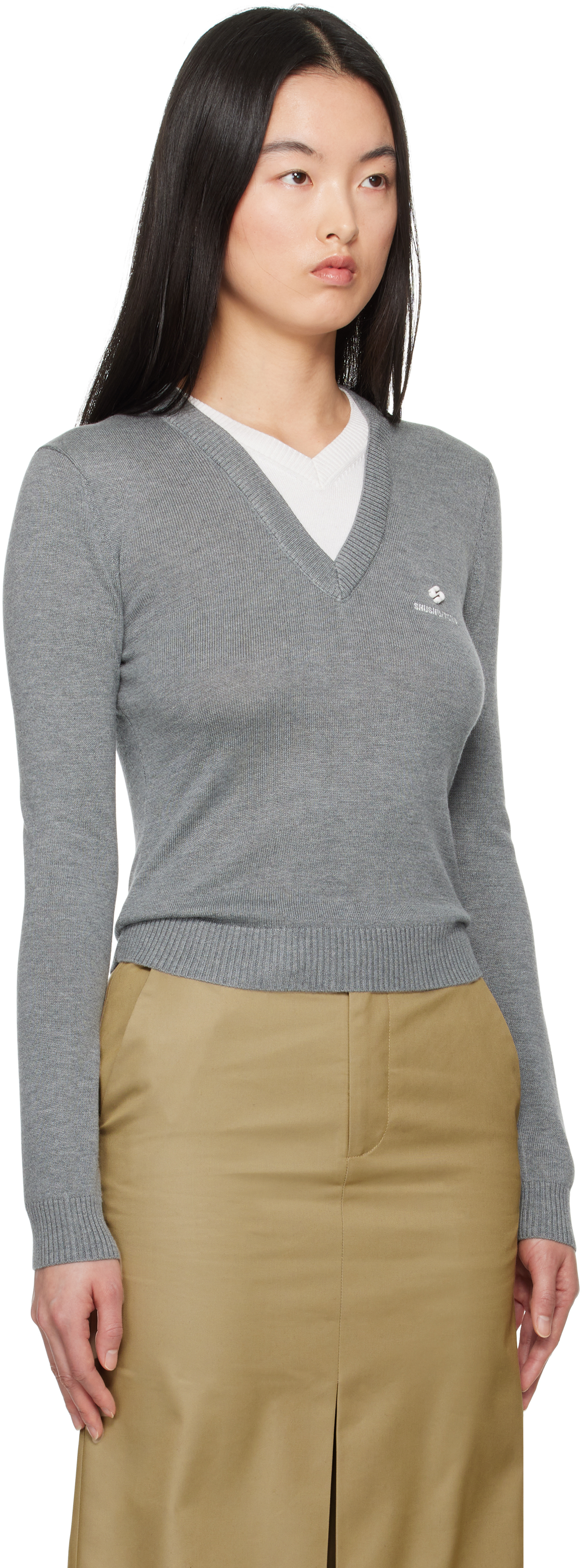 Shop Gray Patchwork V-Neck Knit Sweater on Sale at