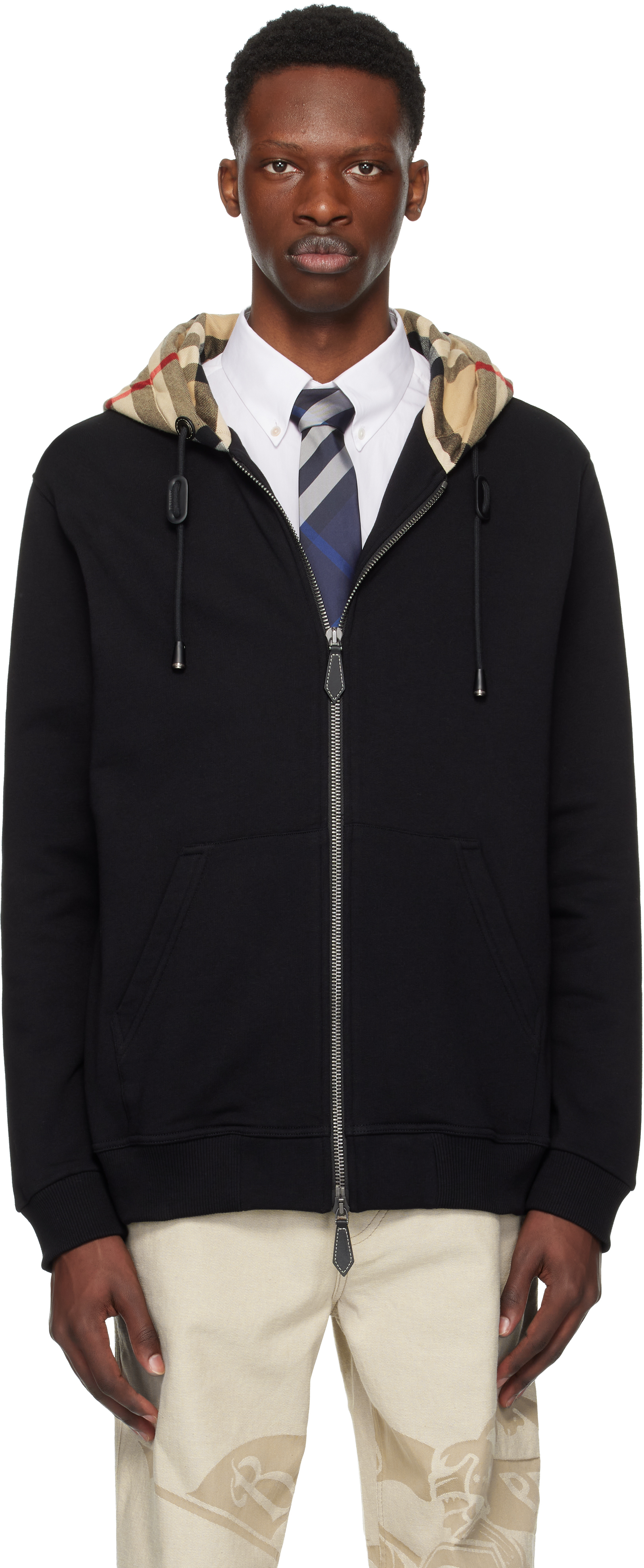 Shop Black Check Hood Cotton Zip Hoodie on Sale at