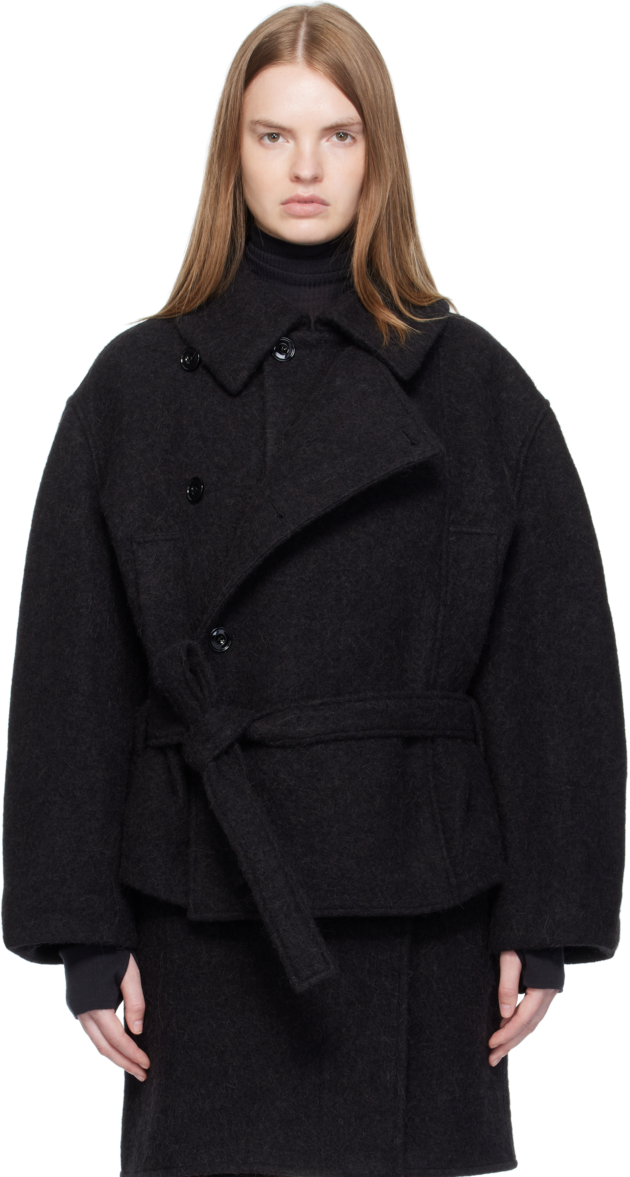 Lemaire Black Short Asymmetrical Bathrobe Coat - BeyondStyle
