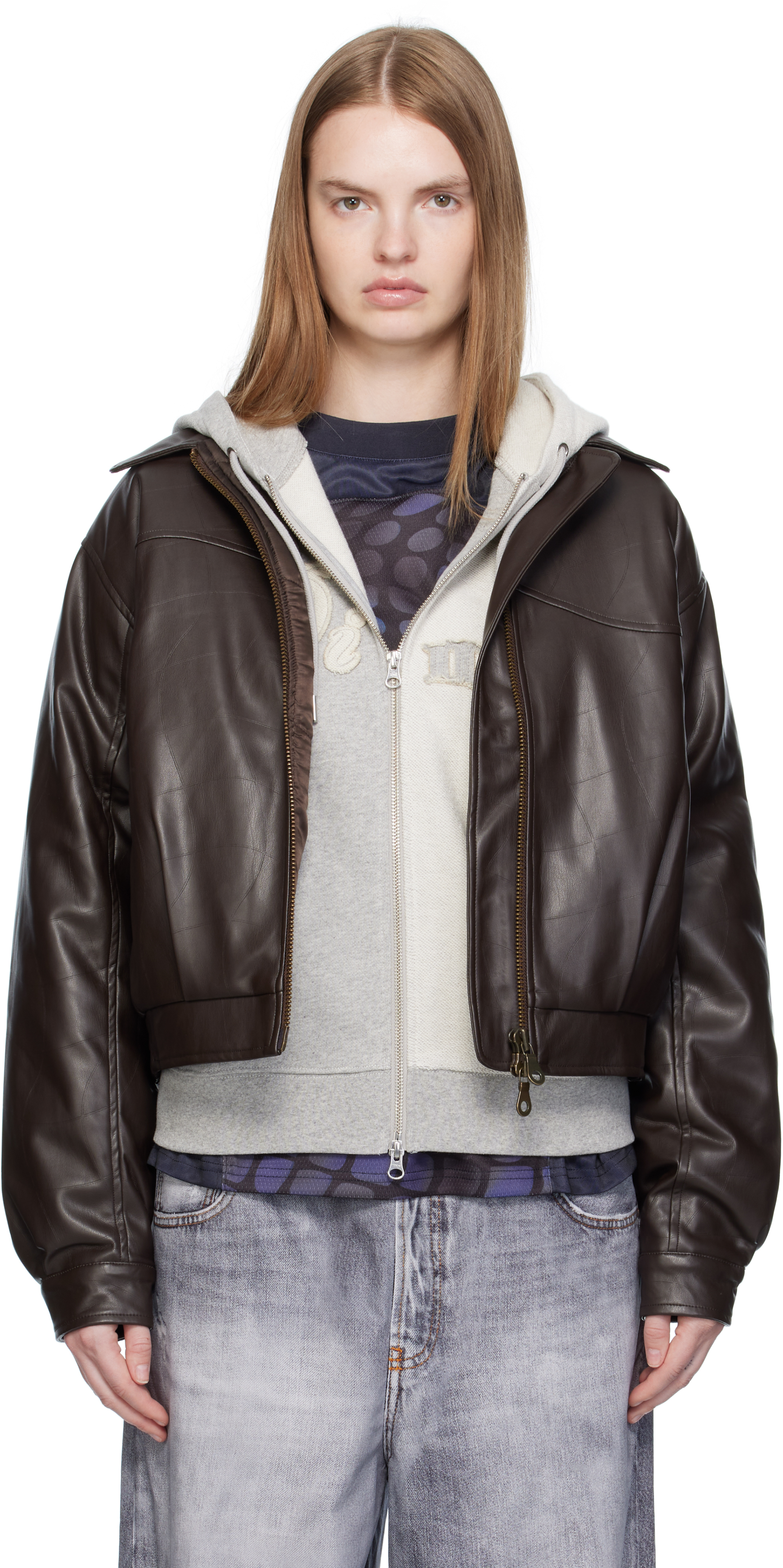 Brown Debossed Wavy Faux-Leather Jacket – On Sale Now with Up to
