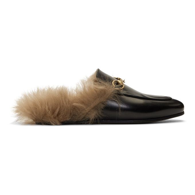 GUCCI Black Wool-Lined Princetown Slippers,397749 DKHH0