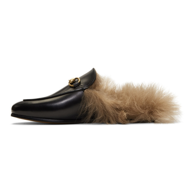 GUCCI Black Wool-Lined Princetown Slippers,397749 DKHH0