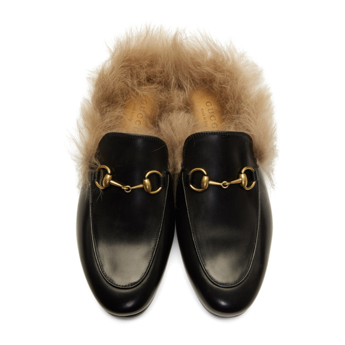 GUCCI Black Wool-Lined Princetown Slippers,397749 DKHH0
