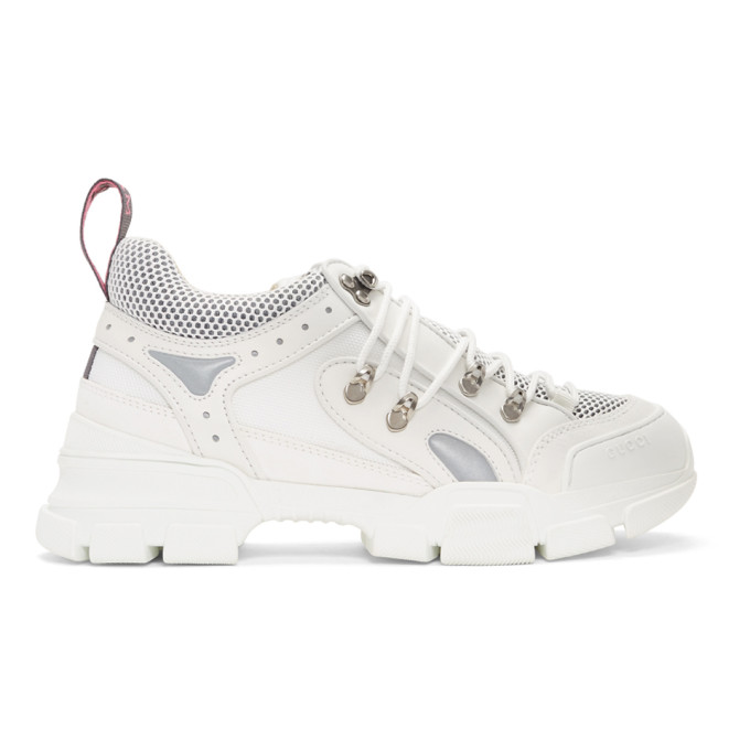 Click to view more detailed imagery on our partner's website Gucci Flashtrek Logo-Embossed Leather, Suede And Mesh Sneakers In 9087 Bianco