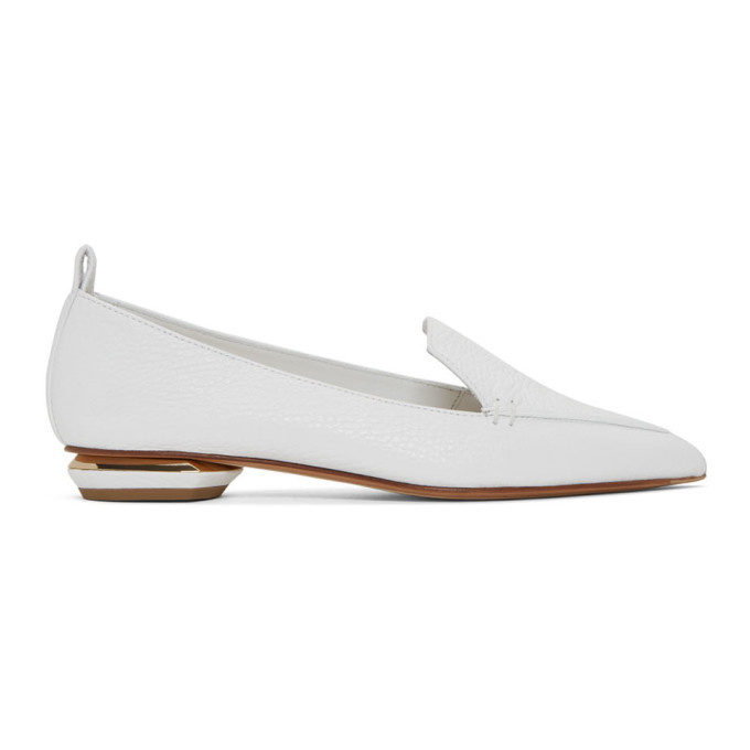 Click to view more detailed imagery on our partner's website Nicholas Kirkwood 'Beya' Metal Heel Leather Skimmer Loafers In W01 White