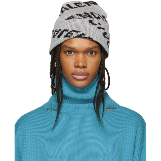 BALENCIAGA BALENCIAGA GREY AND BLACK JACQUARD LOGO BEANIE