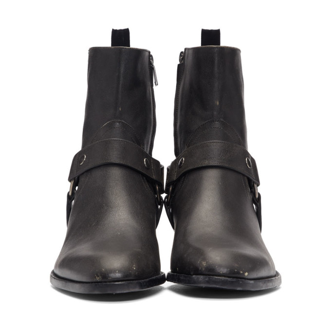 SAINT LAURENT GREY STONE-WASHED WYATT HARNESS BOOTS