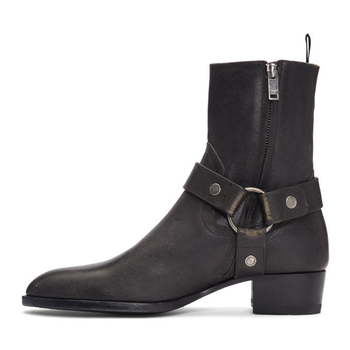SAINT LAURENT GREY STONE-WASHED WYATT HARNESS BOOTS