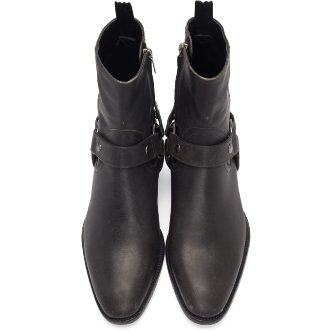 SAINT LAURENT GREY STONE-WASHED WYATT HARNESS BOOTS