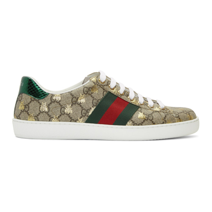 GUCCI GUCCI BEIGE AND BROWN GG SUPREME BEES ACE SNEAKERS