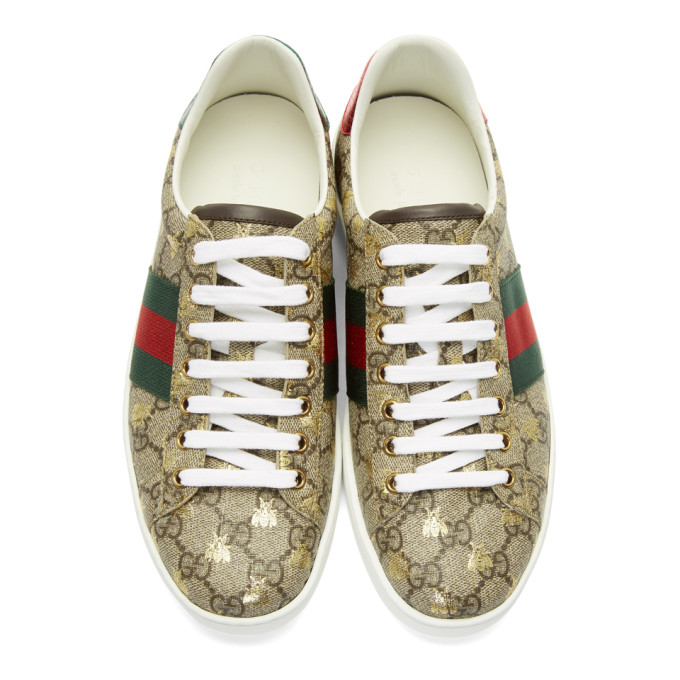 GUCCI GUCCI BEIGE AND BROWN GG SUPREME BEES ACE SNEAKERS